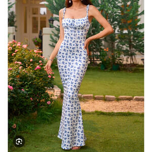 Parthea Blue Tie Strap Bodycon Mermaid Floral Maxi Dress Women Size M Bloomcore